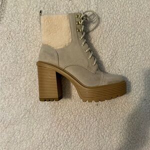 Soda Cream and Tan Sherpa Lace-Up Heeled Booties